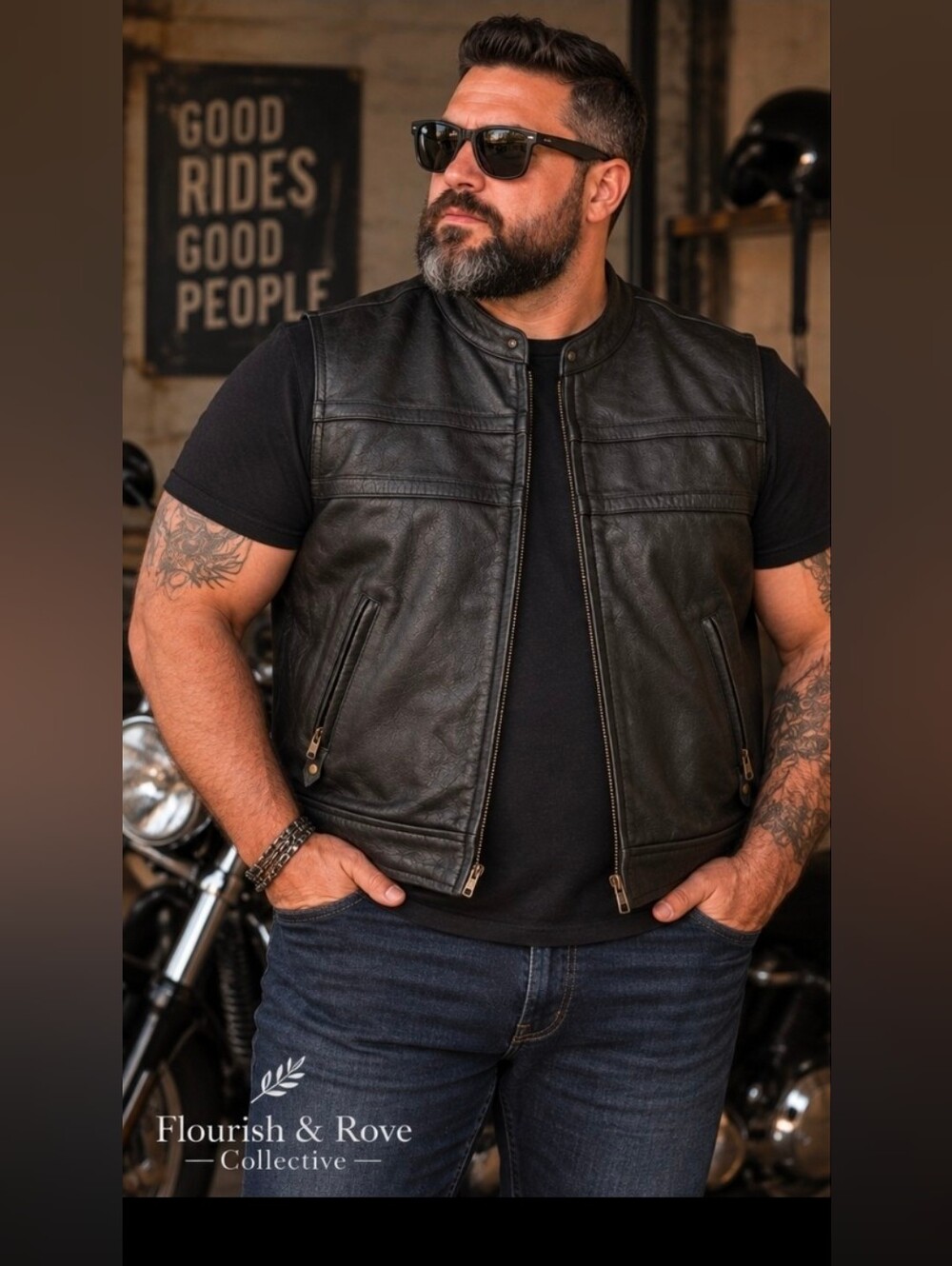 Jamin Leather Men’s 3XL Black Genuine Leather Motorcycle Biker Vest Moto